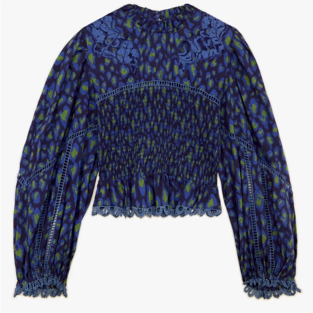 Farm Rio Leopard Pop Smocked Embroidered Lace Long Sleeve Peplum Top - Picture 4 of 14